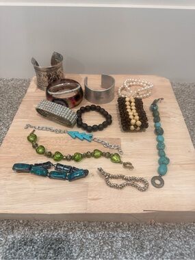 Mixed Turquoise, Green & Neutral Women's Bracelet Set - Multiple Styles 14 Piece